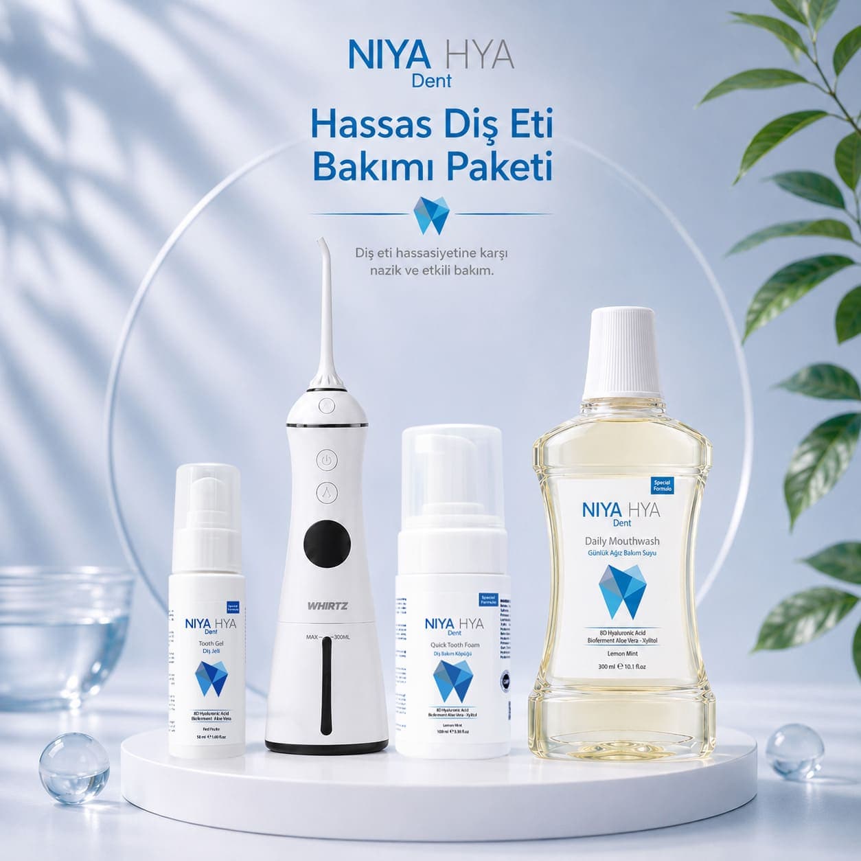 NIYA HYA Dent Hassas Diş Eti Bakım Paketi, Daily Mouthwash, Quick Tooth Foam, Tooth Gel ve Ağız Duşu